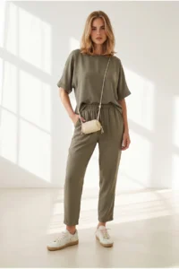 Olalook Women's Khaki Loose Fit Bottom Top Woven Modal Suit - Image 2