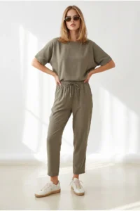 Olalook Women's Khaki Loose Fit Bottom Top Woven Modal Suit - Image 3