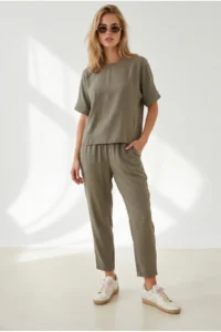 Olalook Women's Khaki Loose Fit Bottom Top Woven Modal Suit - Image 4
