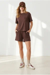 Olalook Women's Brown Lace Detailed Flowy Top and Bottom Suit