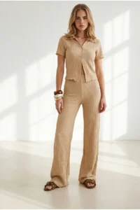 Olalook Women's Beige Top Shirt Bottom Trousers Wrinkled Suit - Image 3
