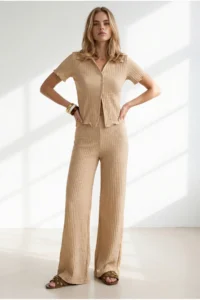 Olalook Women's Beige Top Shirt Bottom Trousers Wrinkled Suit - Image 4