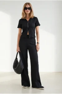 Olalook Women's Black Top Shirt Bottom Trousers Ruffle Suit