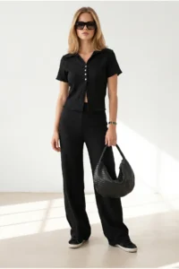 Olalook Women's Black Top Shirt Bottom Trousers Ruffle Suit - Image 2