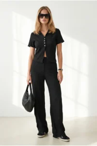 Olalook Women's Black Top Shirt Bottom Trousers Ruffle Suit - Image 3