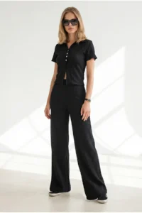 Olalook Women's Black Top Shirt Bottom Trousers Ruffle Suit - Image 5