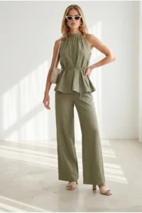 Olalook Women's Khaki Halter Collar Bell Blouse Pocket Trousers Linen Suit