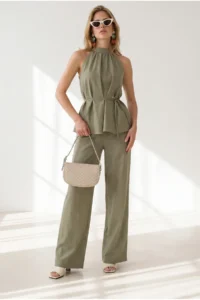 Olalook Women's Khaki Halter Collar Bell Blouse Pocket Trousers Linen Suit - Image 2