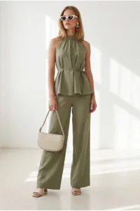 Olalook Women's Khaki Halter Collar Bell Blouse Pocket Trousers Linen Suit - Image 3