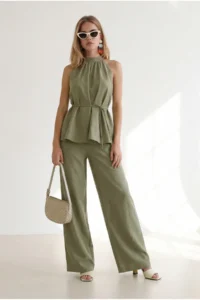 Olalook Women's Khaki Halter Collar Bell Blouse Pocket Trousers Linen Suit - Image 4