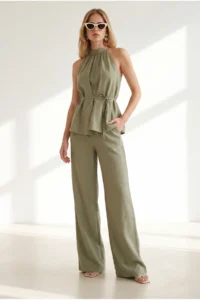 Olalook Women's Khaki Halter Collar Bell Blouse Pocket Trousers Linen Suit - Image 5