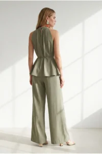 Olalook Women's Khaki Halter Collar Bell Blouse Pocket Trousers Linen Suit - Image 6