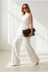 Olalook Women's White Halter Collar Bell Blouse Pocket Pants Linen Suit