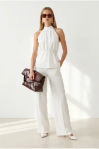 Olalook Women's White Halter Collar Bell Blouse Pocket Pants Linen Suit - Image 2
