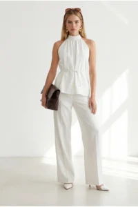 Olalook Women's White Halter Collar Bell Blouse Pocket Pants Linen Suit - Image 3