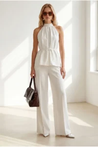 Olalook Women's White Halter Collar Bell Blouse Pocket Pants Linen Suit - Image 4