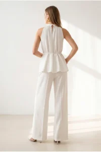 Olalook Women's White Halter Collar Bell Blouse Pocket Pants Linen Suit - Image 5