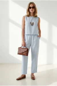 Olalook Women's Baby Blue Pocket Pants Sleeveless Blouse Necklace Linen Suit - Image 2