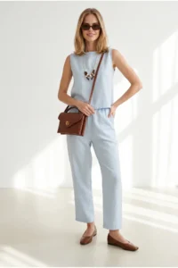 Olalook Women's Baby Blue Pocket Pants Sleeveless Blouse Necklace Linen Suit - Image 3