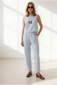 Olalook Women's Baby Blue Pocket Pants Sleeveless Blouse Necklace Linen Suit - Image 4
