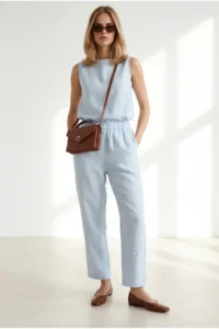 Olalook Women's Baby Blue Pocket Pants Sleeveless Blouse Necklace Linen Suit - Image 5