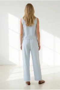 Olalook Women's Baby Blue Pocket Pants Sleeveless Blouse Necklace Linen Suit - Image 6