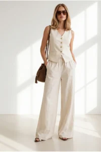 Olalook Women's Cream Lined Vest Trousers Linen Suit
