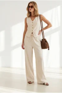 Olalook Women's Cream Lined Vest Trousers Linen Suit - Image 2