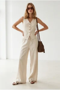 Olalook Women's Cream Lined Vest Trousers Linen Suit - Image 3