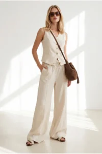 Olalook Women's Cream Lined Vest Trousers Linen Suit - Image 5