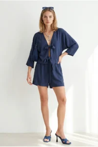 Olalook Women's Navy Blue Woven Viscose Jacket Shorts Suit - Image 3
