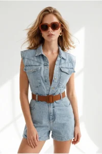 Olalook Women's Blue Belted Pocket Denim Shorts Overalls - Image 2