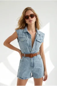 Olalook Women's Blue Belted Pocket Denim Shorts Overalls - Image 3