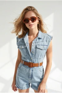 Olalook Women's Blue Belted Pocket Denim Shorts Overalls - Image 4