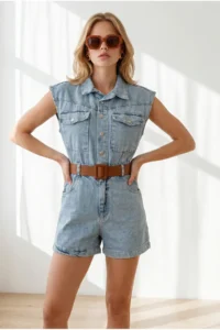 Olalook Women's Blue Belted Pocket Denim Shorts Overalls - Image 5