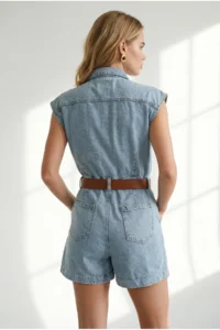 Olalook Women's Blue Belted Pocket Denim Shorts Overalls - Image 6