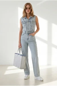 Olalook Women's Light Blue Sleeveless Pocket Denim Jumpsuit