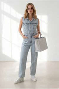 Olalook Women's Light Blue Sleeveless Pocket Denim Jumpsuit - Image 2