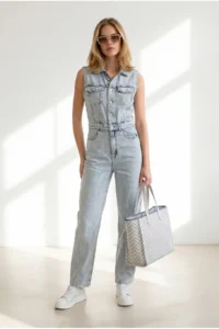 Olalook Women's Light Blue Sleeveless Pocket Denim Jumpsuit - Image 3