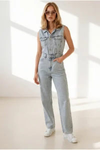 Olalook Women's Light Blue Sleeveless Pocket Denim Jumpsuit - Image 4