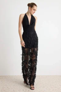 TRENDYOLMİLLA Black shift/Plain Cut Maxi Knitting Evening Gown & Graduation Dress