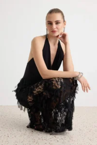 TRENDYOLMİLLA Black shift/Plain Cut Maxi Knitting Evening Gown & Graduation Dress - Image 3