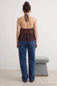 TRENDYOLMİLLA Dark Brown Sleeveless Knitting Tulle Blouse - Image 3