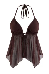 TRENDYOLMİLLA Dark Brown Sleeveless Knitting Tulle Blouse - Image 4