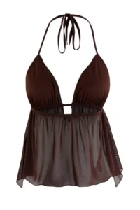 TRENDYOLMİLLA Dark Brown Sleeveless Knitting Tulle Blouse - Image 6