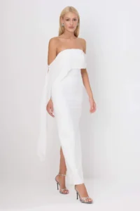 TRENDYOLMİLLA Ecru Carmen Collar Weaving LONG Chic Evening Gown Gece Graduation Dress