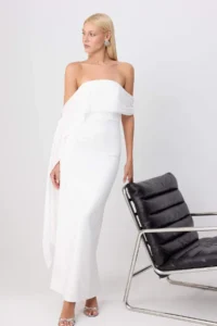 TRENDYOLMİLLA Ecru Carmen Collar Weaving LONG Chic Evening Gown Gece Graduation Dress - Image 2