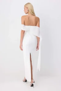 TRENDYOLMİLLA Ecru Carmen Collar Weaving LONG Chic Evening Gown Gece Graduation Dress - Image 4