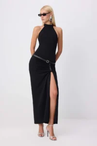 TRENDYOLMİLLA Black Halter Neck shift/Plain Cut Maxi Arched Weaving Evening Gown & Graduation Dress