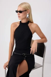 TRENDYOLMİLLA Black Halter Neck shift/Plain Cut Maxi Arched Weaving Evening Gown & Graduation Dress - Image 2